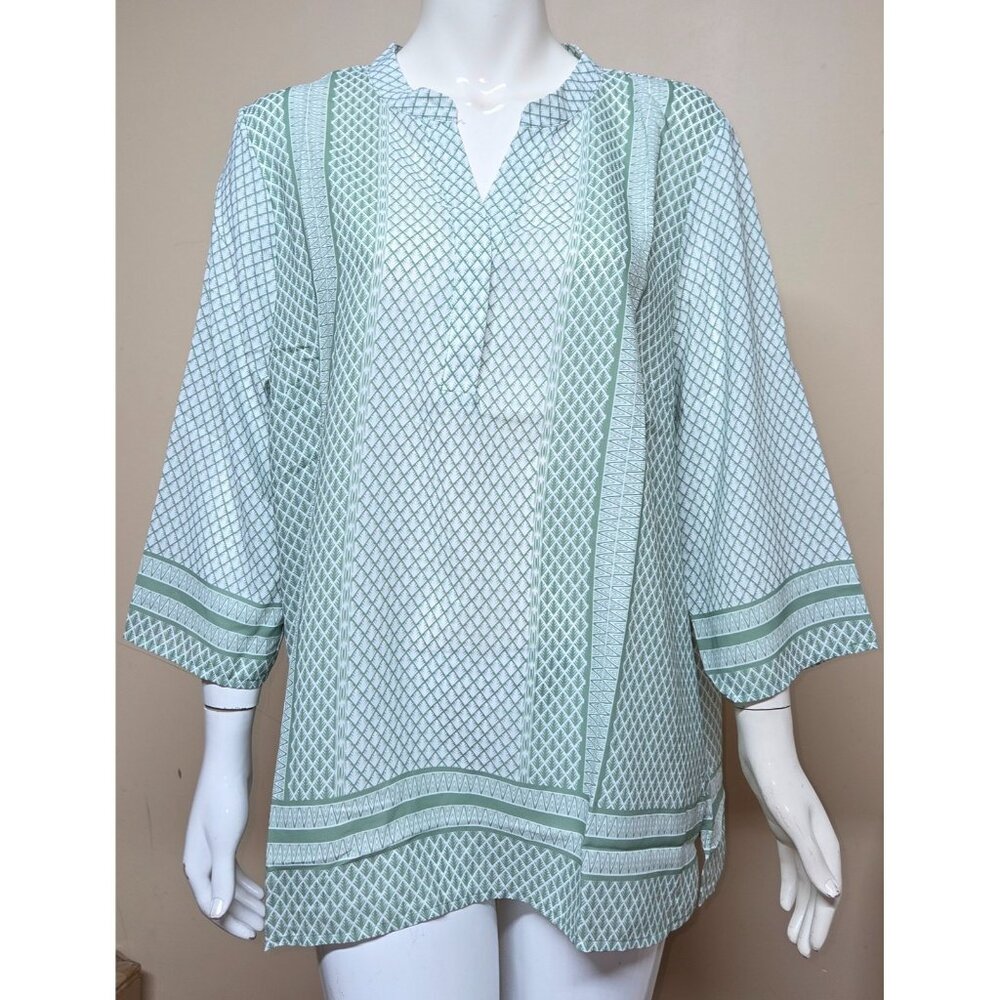 ANNE CARSON Green V-Neck Boho Blouse 3/4 Sleeve Size X LARGE NEW